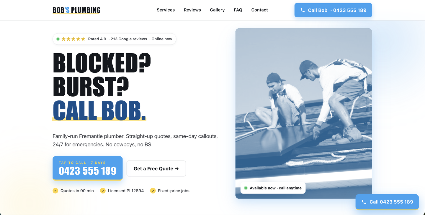 Demo landing page, fictional plumber Bob's Plumbing, Fremantle
