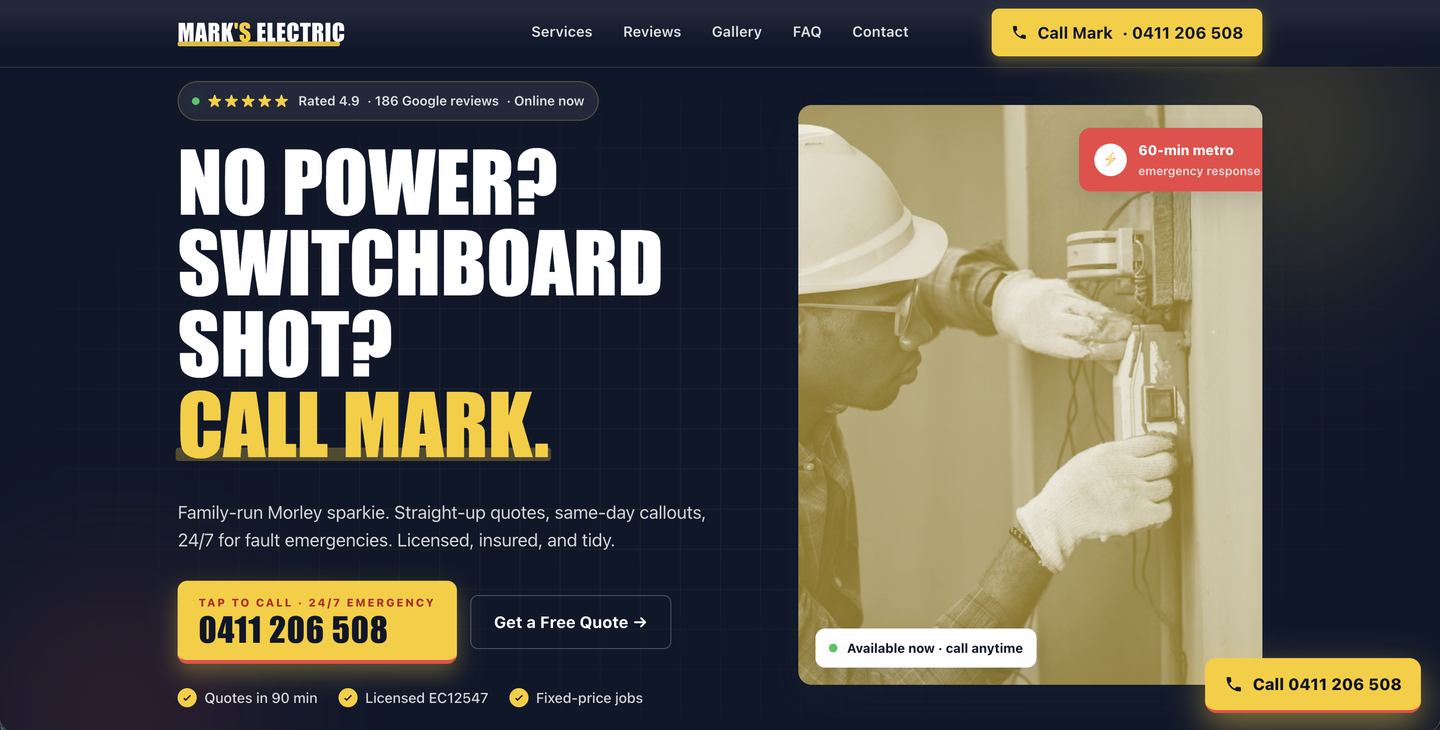 Demo landing page, fictional electrician Mark's Electric, Morley
